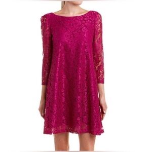 Tahari hot Pink A-line Long Sleeve Lace Dress tie back bow holiday party wedding